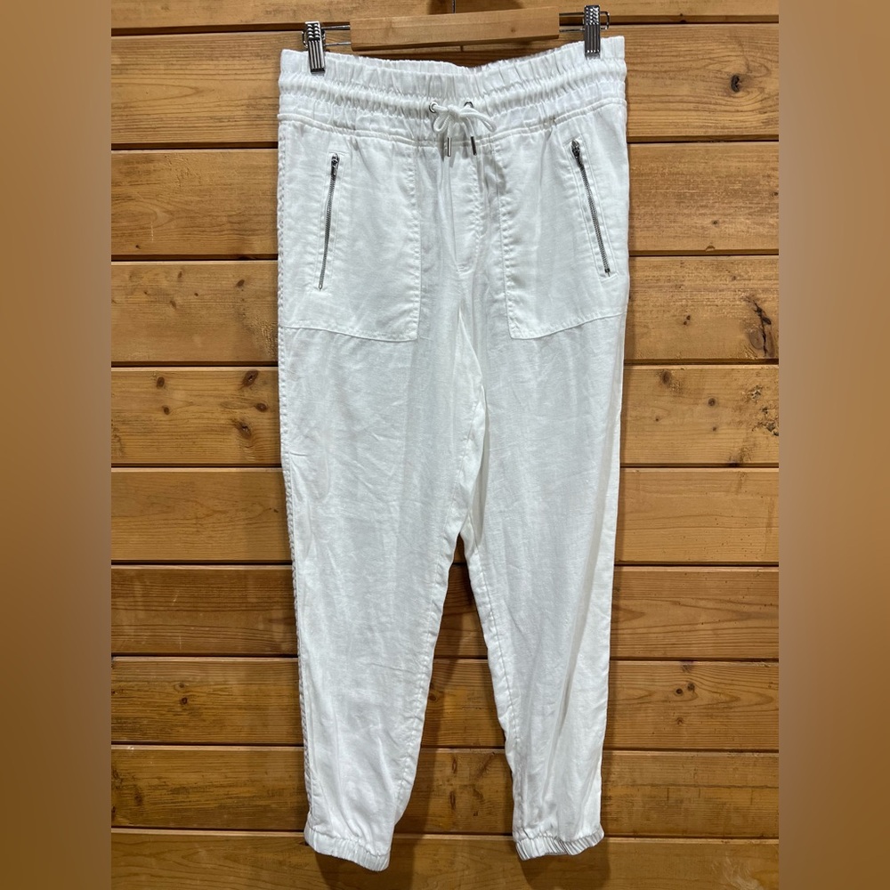 Athleta Cabo Linen Jogger Pants White Size 6 Elastic High Waist Vacation Resort
